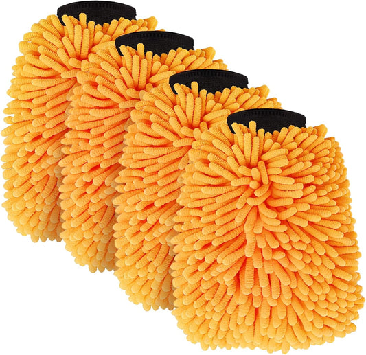 4 Pack Car Wash Mitt Microfiber, Premium Chenille Microfiber Wash Car Mitts Sponge Scratch Free & Lint-Free, Mitts Waterproof Lining Orange (8''X12'')