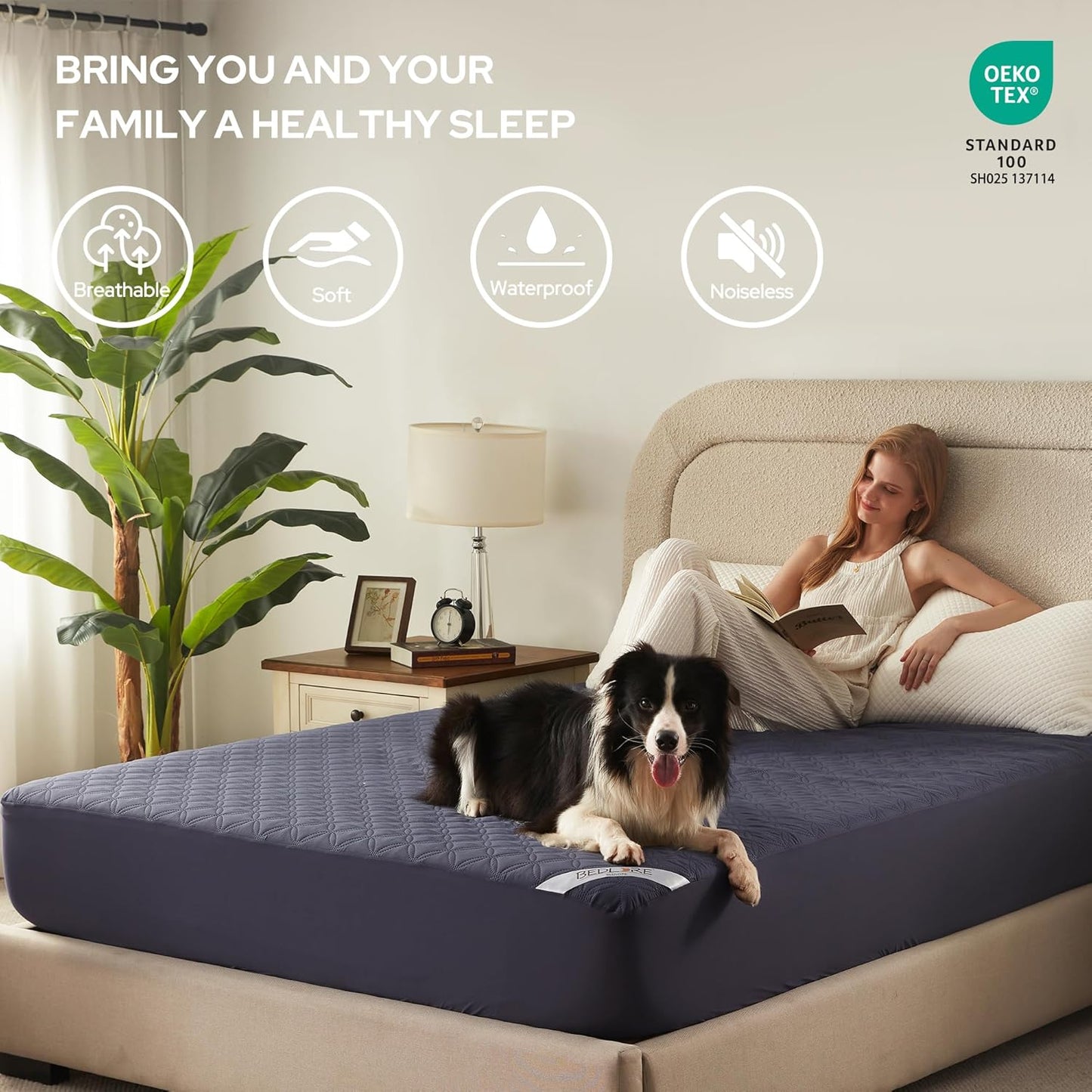 BEDLORE Waterproof Mattress Protector, Queen Size Noiseless Mattress Pad with Deep Pocket 6"-18" Depth, Soft Breathable Bed Mattress Cover Washable for Home, Bedroom, Hotel (Navy Blue)