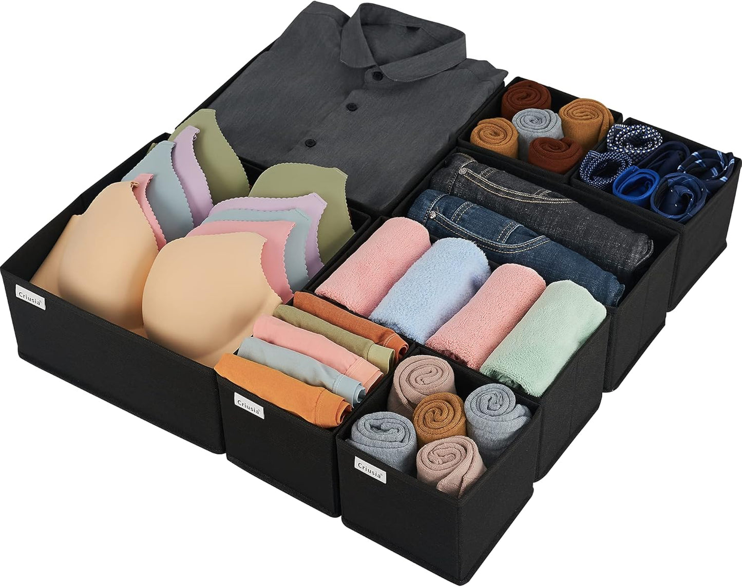 Criusia Drawer Organizer Clothes, 8 Pack Underwear Drawer Organizer, Foldable Cloth Storage Box Closet Organizers and Storage for Clothes, Socks, Scarves, Ties (Black)