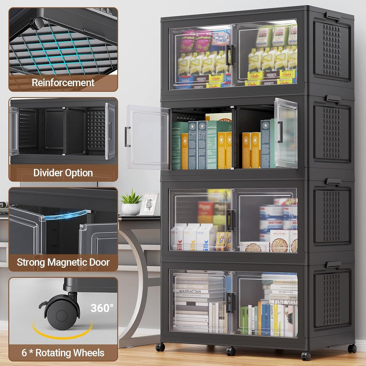 BROVIEW 52.7"H 150Gal Plastic Storage Bins with Lid & Wheels,3Pack Extra Large Stackable Storage Bins with Dividers,Closet Organizers and Storage Cabinet Collapsible Box Shelves for Home Kitchen,Black