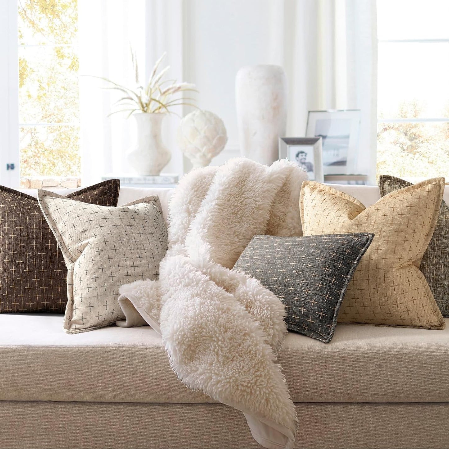 ZWJD Pillow Covers 26x26 Set of 2 Soft Polyester Textured Pillow Covers with Stylish Flange Edge Cozy Farmhouse Throw Pillows for Couch Bed Sofa Living Room