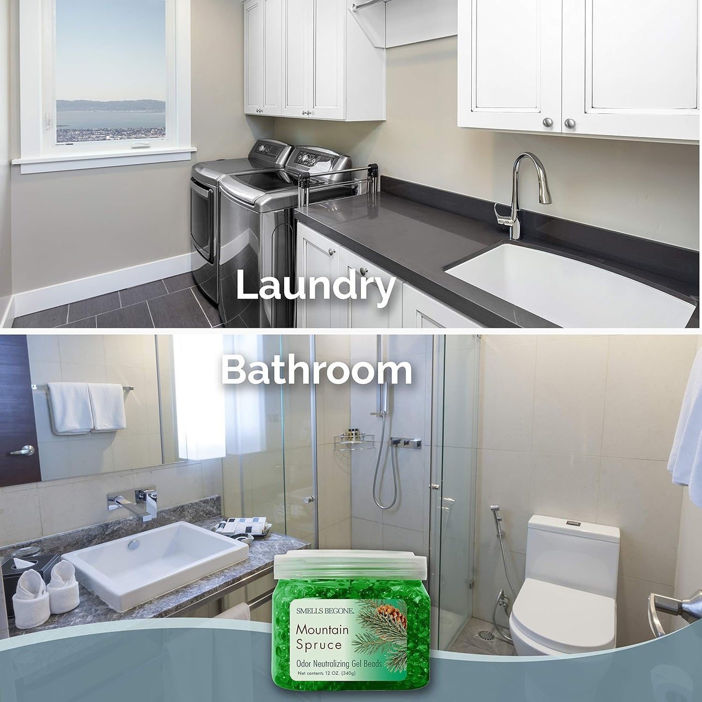 SMELLS BEGONE Odor Eliminator Gel Beads - Air Freshener - Made with Essential Oils - Eliminates Odors in Pet Areas, Bathrooms, Boats, RVs & Cars - Mountain Spruce Scent - 12 Ounce - 2 Pack