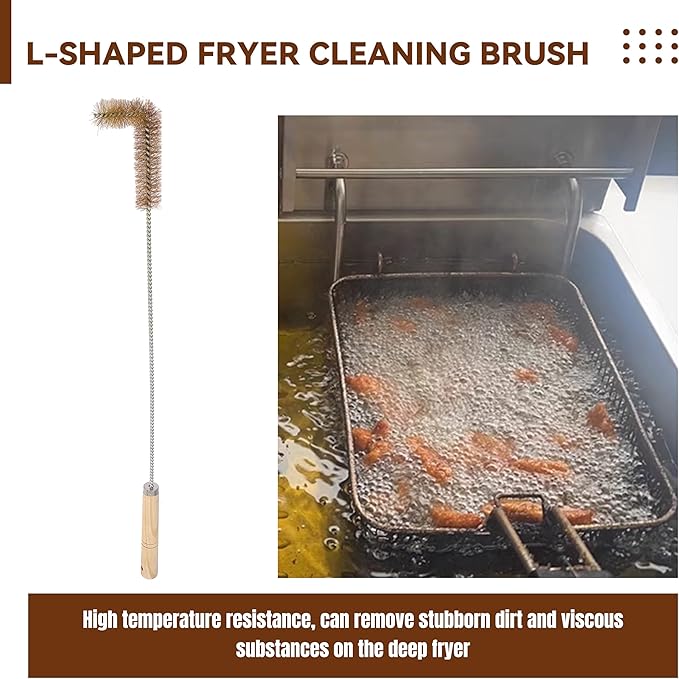 4 Pcs Fryer Cleaning Tools, L Shaped Brass Bristles Fryer Deep Cleaning Brush, Deep Fryer Crumb Scoop, Fryer Deep Cleanout Rod, Long Handle Fryer Basket Brush for Restaurant Air Fryer
