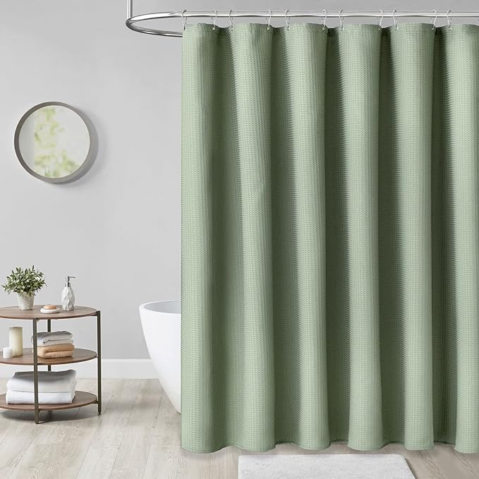 Dynamene Stall Fabric Shower Curtain - 54x78 inch Long Waffle Weave Weighted Thick Cloth Shower Curtains for Bathroom,Heavy Duty Hotel Spa Luxury Bath Curtain Set with 10 Plastic Hooks,Sage Green