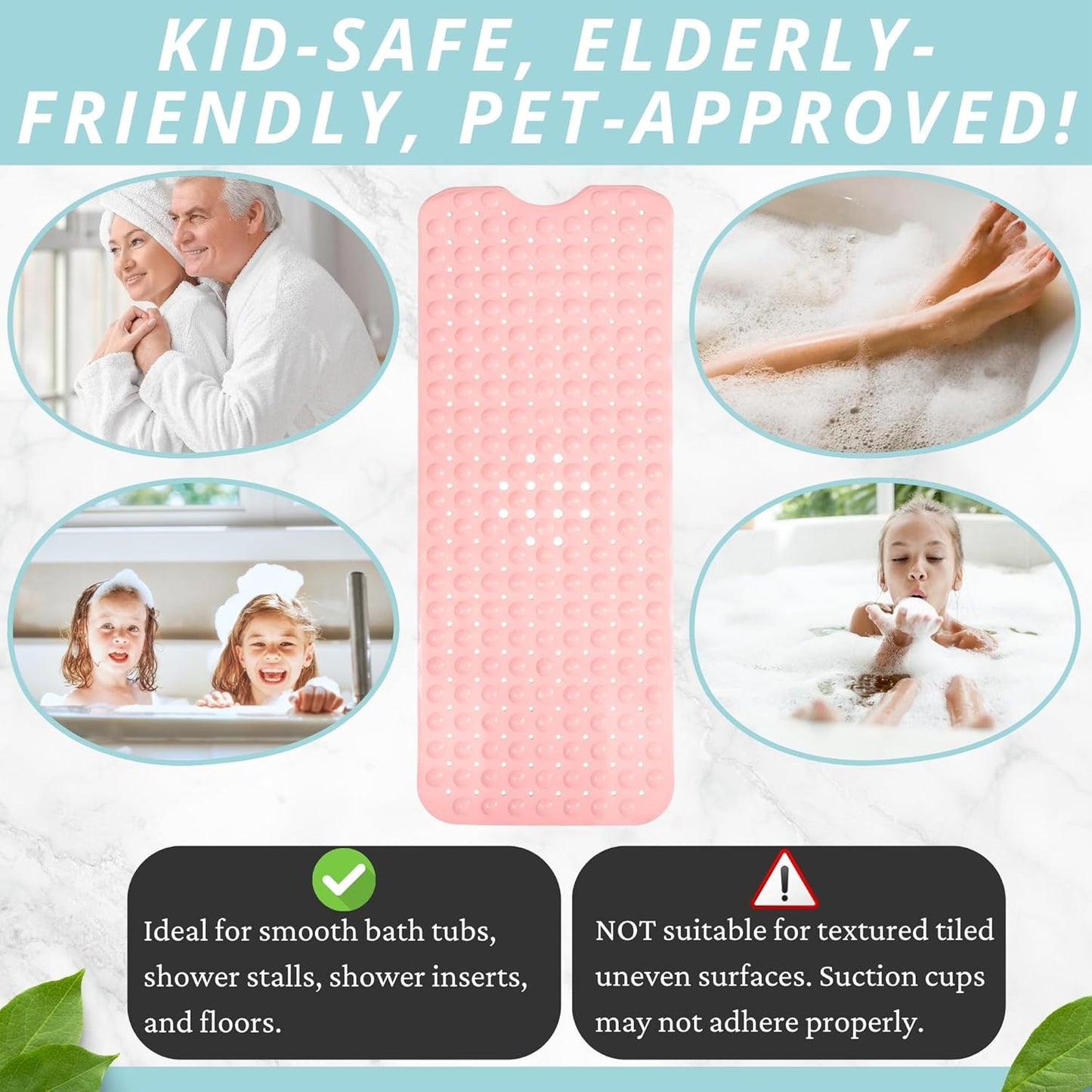 ENKOSI Bath Mat - Large Non Slip Bathtub & Shower Mat - Extra Long 40 x 16 Inch Bathroom Mats for Tub Nonslip Anti Slip Bathmats (40x16 Baby Pink 1-Pack)