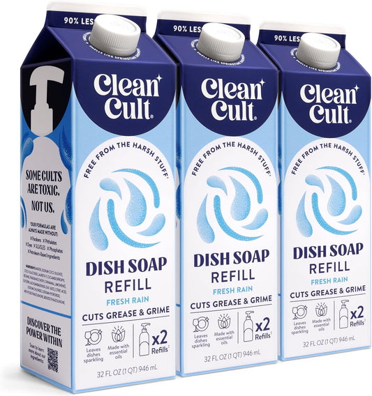 Cleancult Dish Soap Liquid Refill (32oz, 3 Pack) - Plant Based Cleaning Power - Dish Soap that Cuts Grease & Grime - Free of Harsh Chemicals - Uses 90% Less Plastic - Fresh Rain