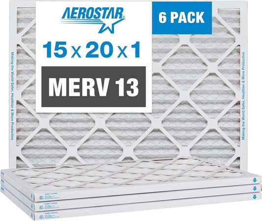 Aerostar 15x20x1 MERV 13 Pleated Air Filter, AC Furnace Air Filter, 6 Pack (Actual Size: 14 1/2" x 19 1/2" x 3/4")