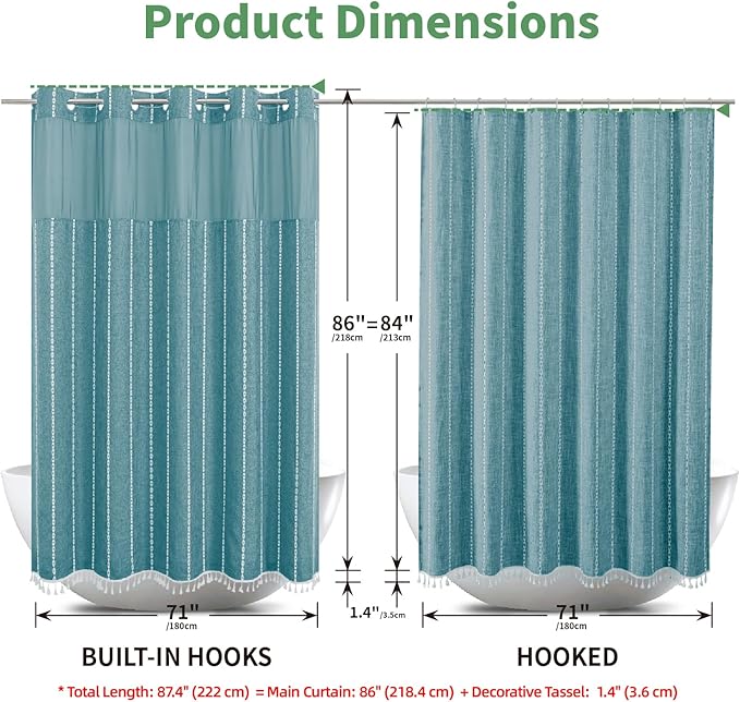 No Hook Extra Long Shower Curtain Set with Snap-in Liner,Linen Textured Thick Striped Fabric with Tassels,Boho Chic Modern Farmhouse Bathroom Curtain,Water-Repellent,Teal,71x86