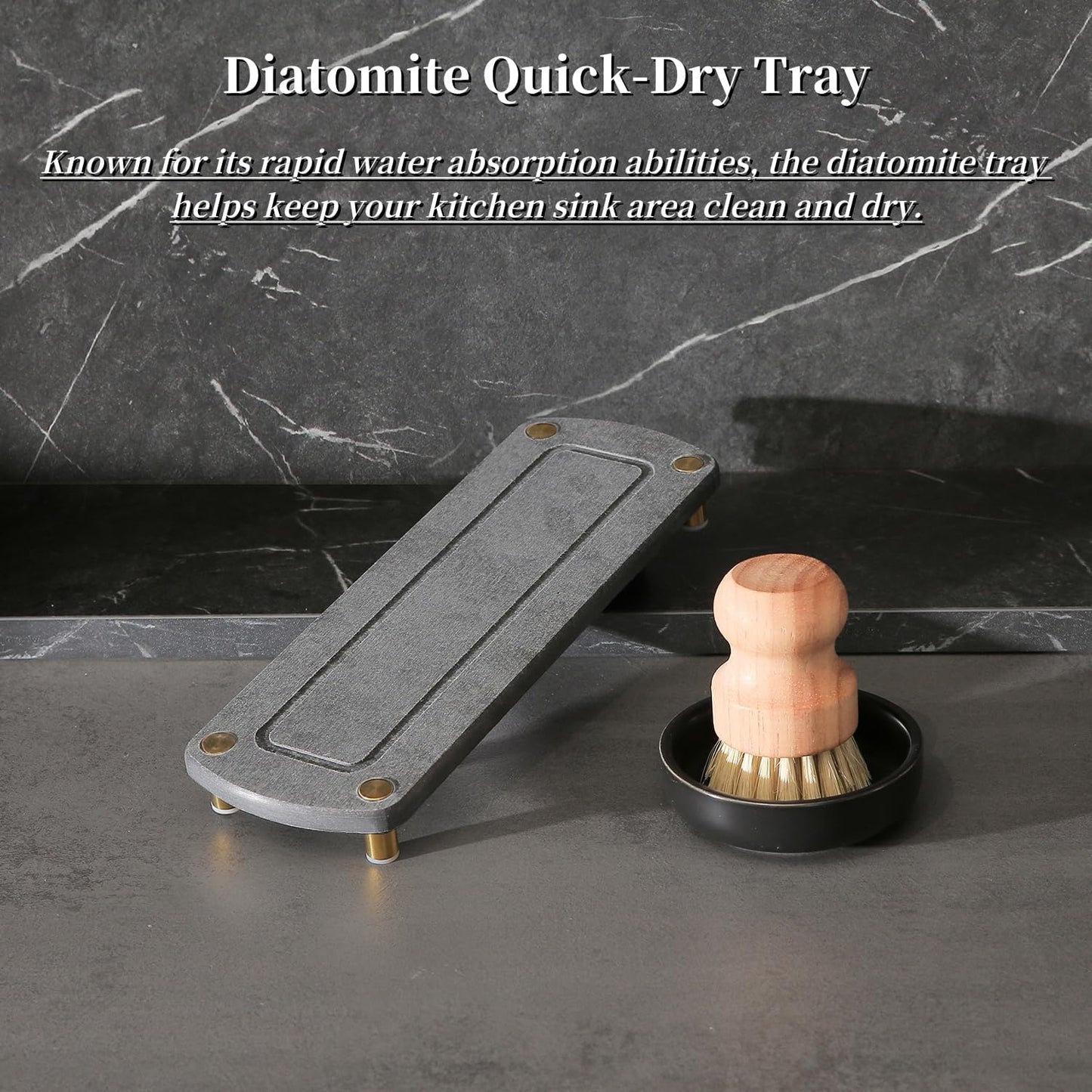 MOMEEMO Soap Dispenser Set Comes with Stainless Pumps, Instant Dry Tray, and Dish Scrub Brush, Suitable for Black and Gold Kitchen Decor. (Black & Gold)