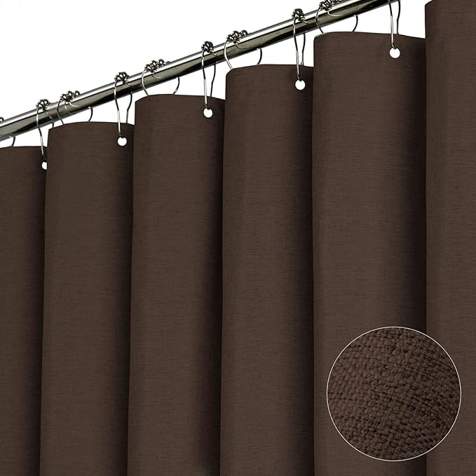 BTTN Fabric Shower Curtain, Linen Textured Heavy Duty Polyester Cloth Shower Curtain Set with Plastic Hooks, Brown, 72x96