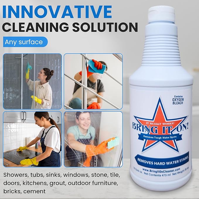 Bring It On Cleaner Hard Water Stain Remover, Shower Door Cleaner, Clean Tile and Grout, Windows, Fiberglass, Tubs, Chrome,32 Ounce. - 2 Pack