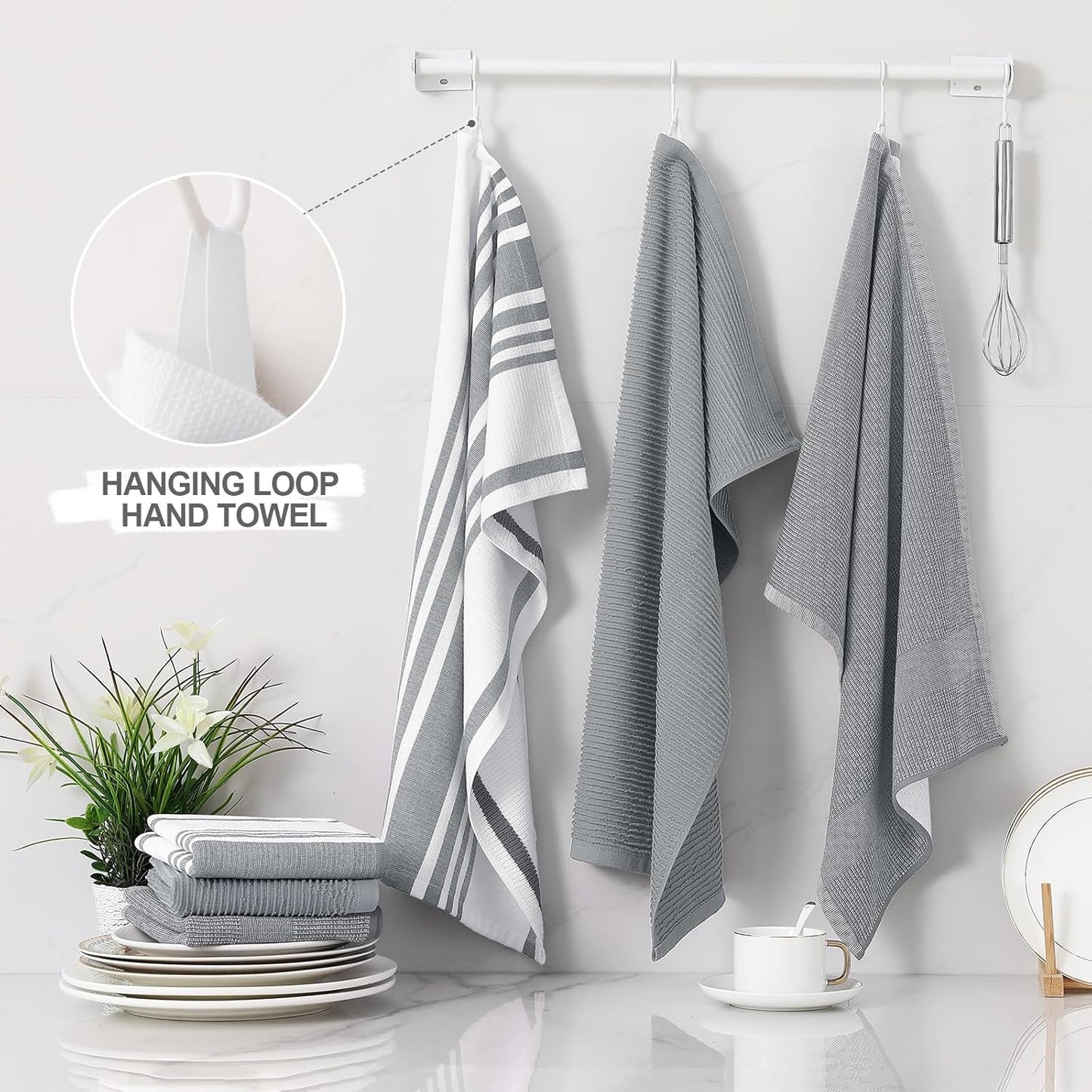 Homaxy Premium Kitchen Towels(18”x 28”, 3 Pack), Large Cotton 380 GSM Kitchen Hand Towels, Soft and Absorbent Terry Dish Towels, Multipurpose Tea Towel Set with Hanging Loop, Grey
