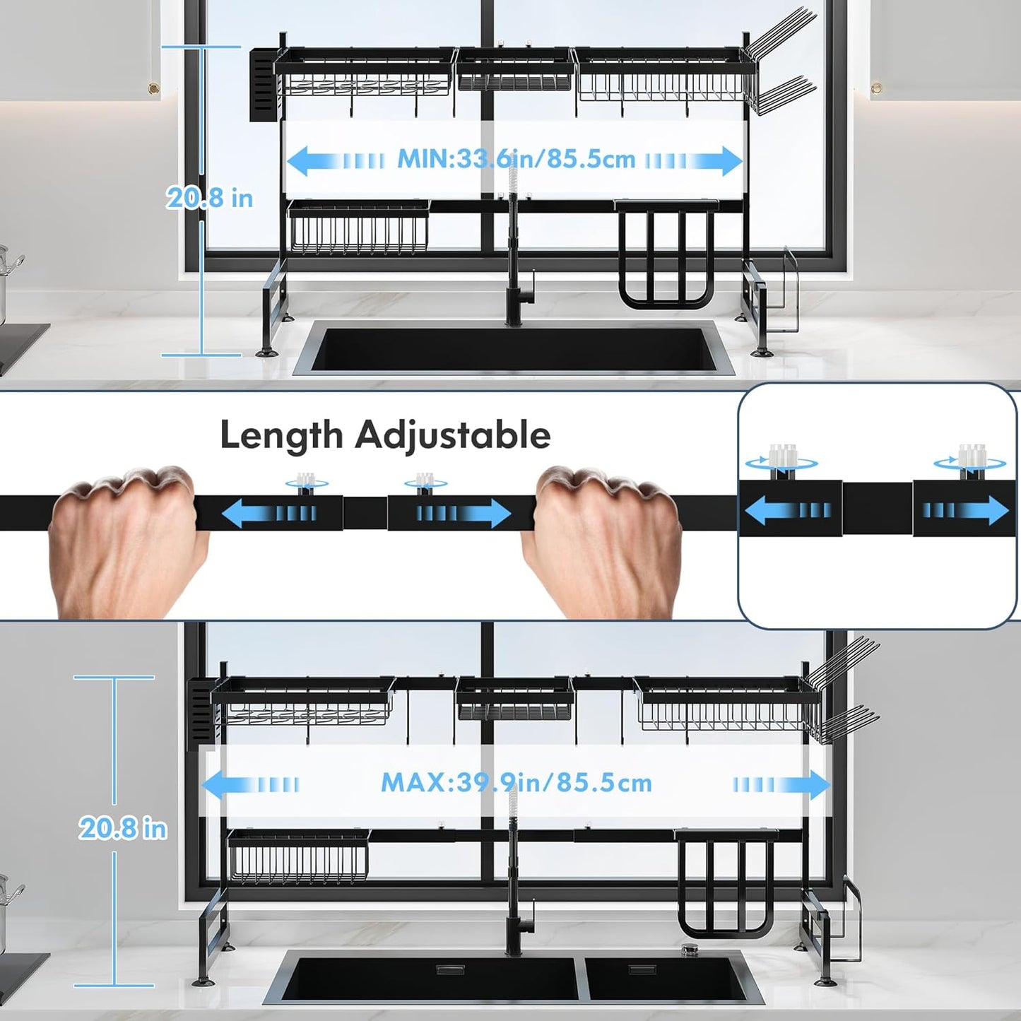 2 Tier Extra Large Stainless Steel Expandable Over The Sink Dish Drainer Drying Rack, Rust Proof Metal, Space Saving, Modern Black Big Capacity Extendable Plate Strainers Above Kitchen Counter