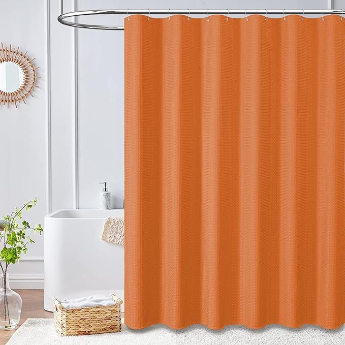 Dynamene Extra Long Shower Curtain - 96 Inch Long Waffle Weave Weighted Thick Cloth Bathroom Shower Curtain, Neutral Heavy Duty Hotel Bath Curtain Set with 12 Plastic Hooks,72x96, Burnt Orange