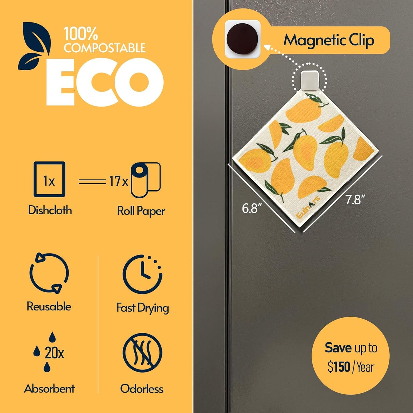 Swedish Dishcloths for Kitchen, 8 Pack Reusable Paper Towels with Clips, Non-Scratch Swedish Kitchen Towels, Super Absorbent Cellulose Sponge Cloths, Dishwasher Safe, No Odor