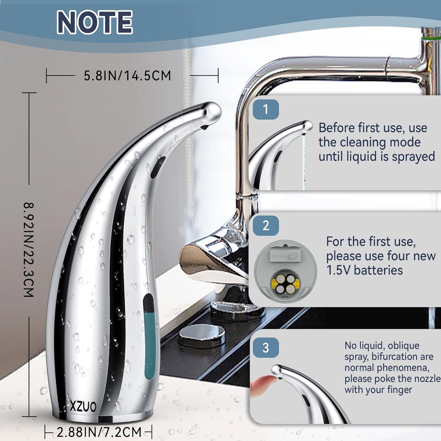 Automatic Soap Dispenser with Infrared Sensor - Adjustable 4-Level Touchless Hand Soap for Kitchen, Bathroom - Battery Operated Electric Dispenser, Durable Plastic, Smart Soap Holder (Silver)