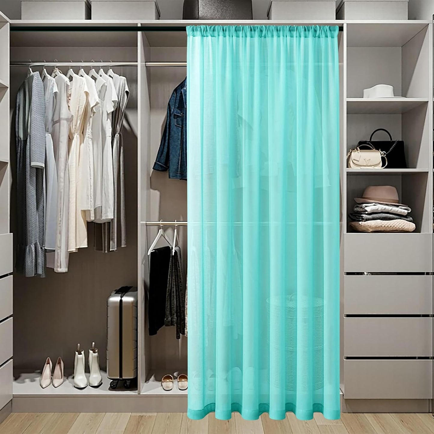 Tollpiz Short Sheer Door Curtain Closet Linen Textured Curtain Sheers Doorway Light Filtering Voile Patio Door Rod Pocket Curtains French Door, 54 x 54 inches Long, Aqua Blue, Set of 1 Panel