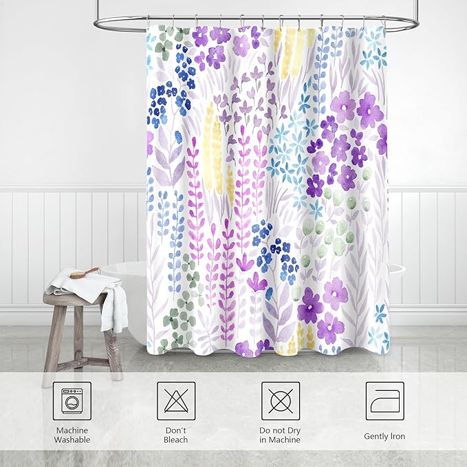 Small Stall Shower Curtain 36 x 72 Inch, Lavender Purple Half Narrow Floral Shower Curtain for Bathroom, Colorful Wildflower Boho Cottagecore Fabric Shower Curtain Set with Hooks