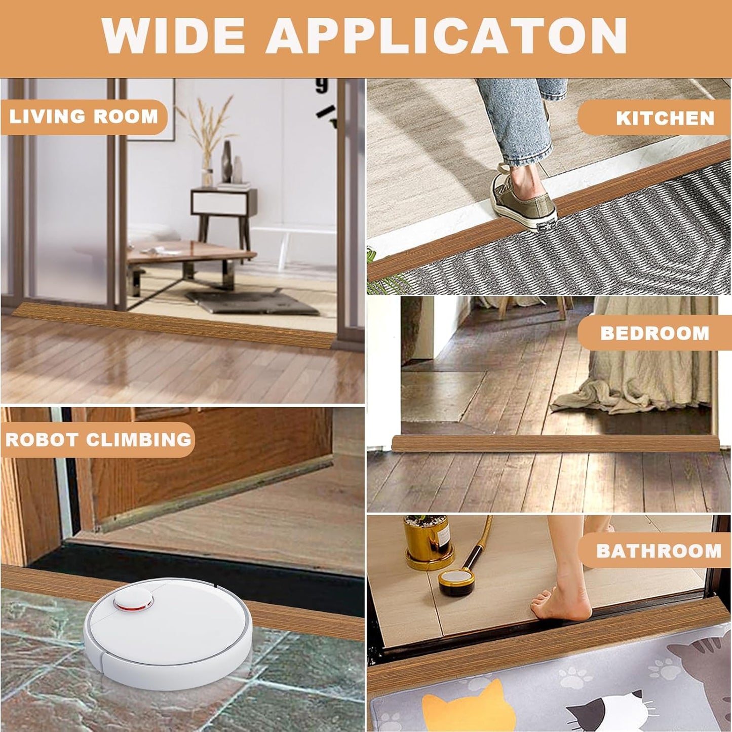 Vinyl Door Threshold Flooring Transition Strip Self Adhesive Carpet Edging Strip for Laminate Doorway Edge Threshold from 2/5" to 3/5" (Light Brown Wood Grain, 6.6 Ft)