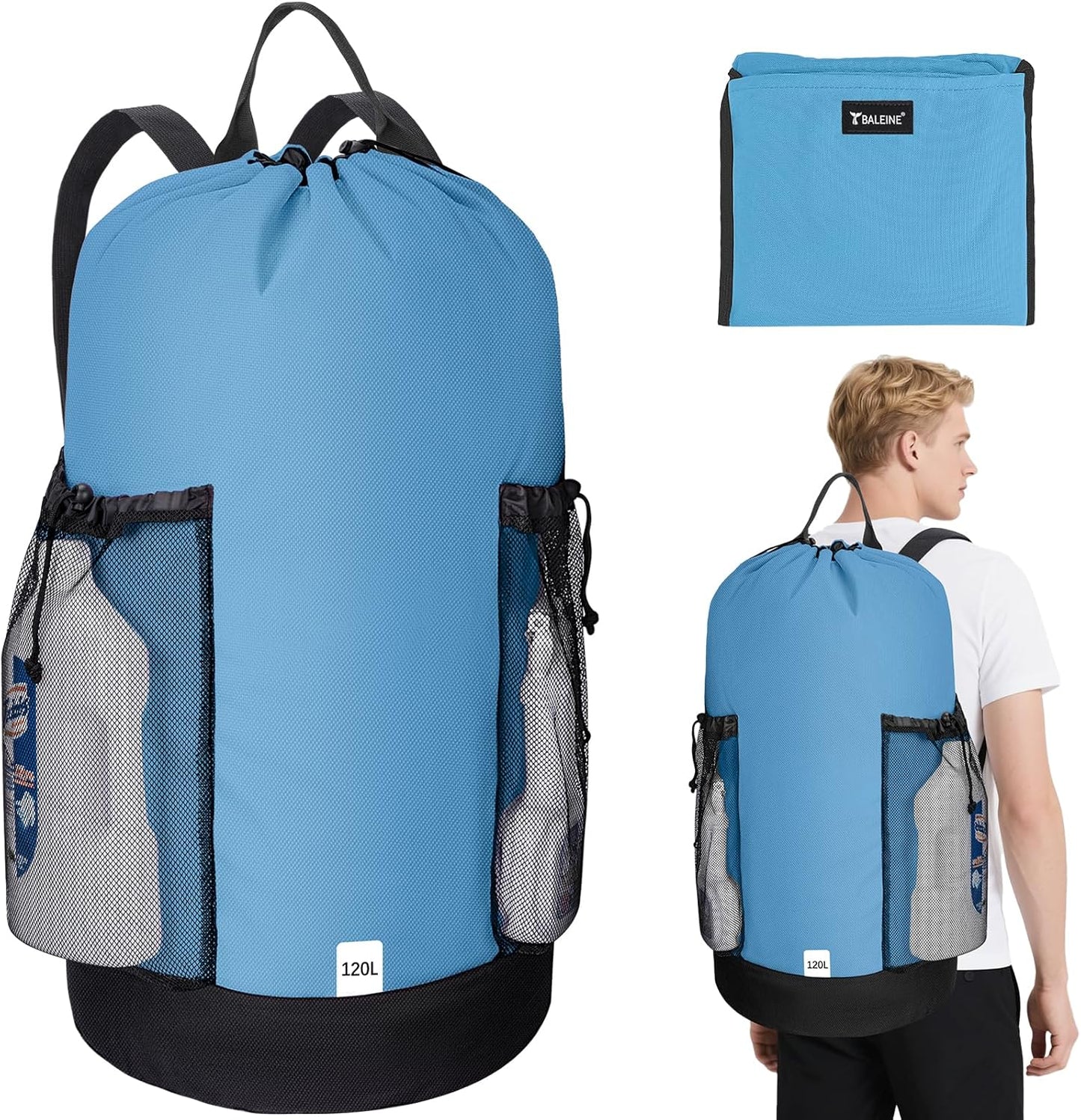 BALEINE 120L Laundry Bag Backpack, 900D Oxford Fabric Large Travel Laundry Bags with Shoulder Straps and 2 Mesh Pockets for College Dorm, Apartment, Laundromat (Blue, 120L)