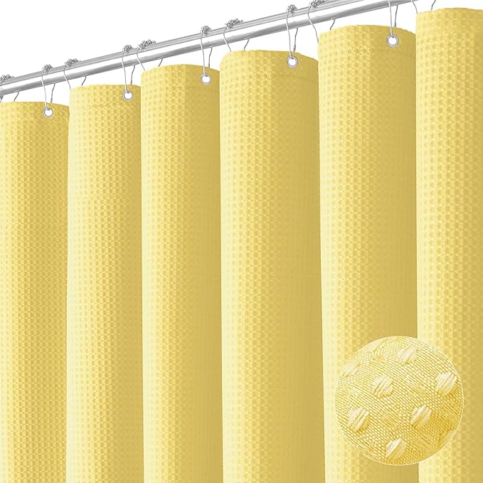 Dynamene Extra Long Shower Curtain - 96 Inch Long Waffle Weave Weighted Thick Cloth Bathroom Shower Curtain, Neutral Heavy Duty Hotel Bath Curtain Set with 12 Plastic Hooks,72x96, Yellow