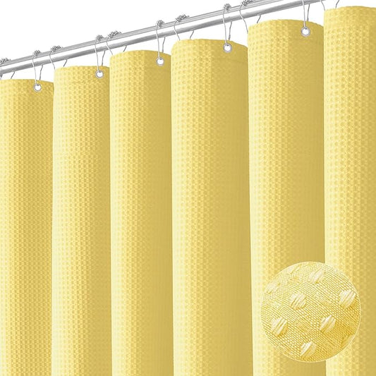 Dynamene Extra Long Shower Curtain - 96 Inch Long Waffle Weave Weighted Thick Cloth Bathroom Shower Curtain, Neutral Heavy Duty Hotel Bath Curtain Set with 12 Plastic Hooks,72x96, Yellow