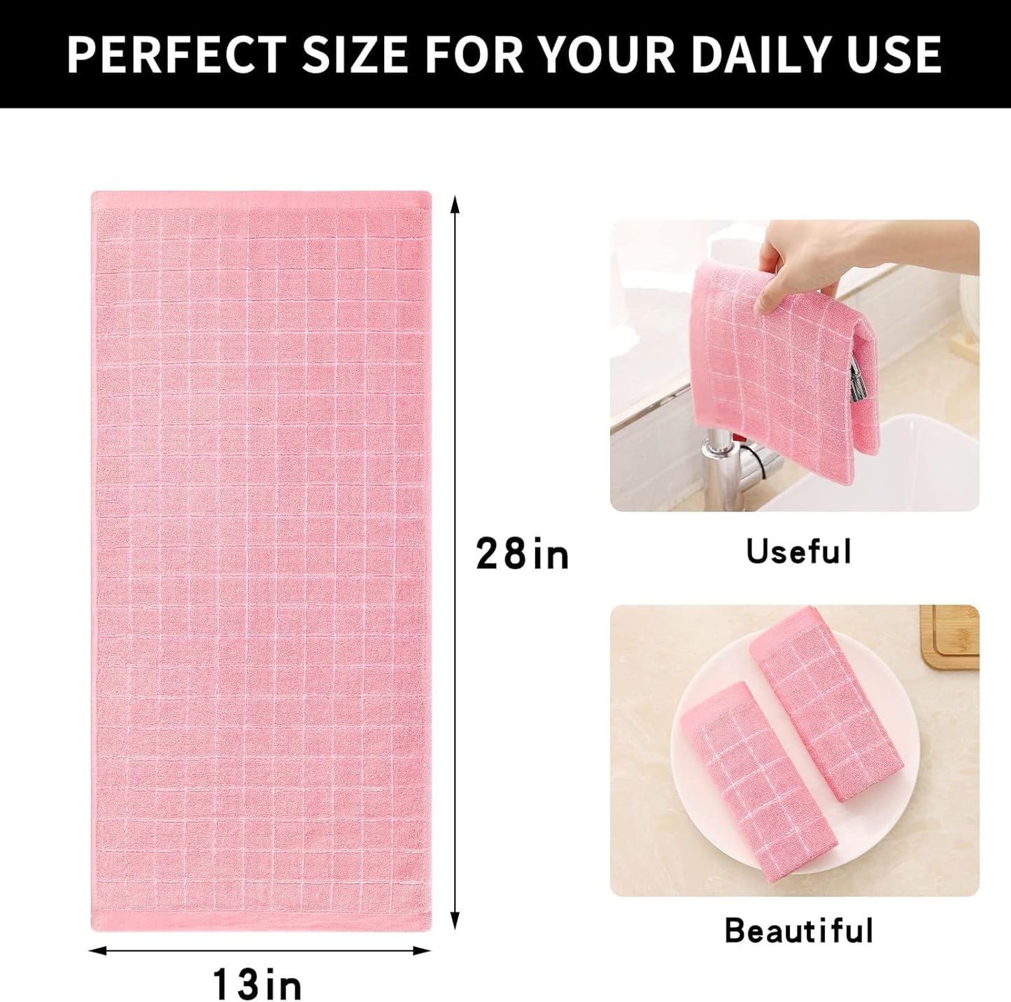Homaxy 100% Cotton Terry Kitchen Towels(Pink, 13 x 28 inches), Checkered Designed, Soft and Super Absorbent Dish Towels, 12 Pack