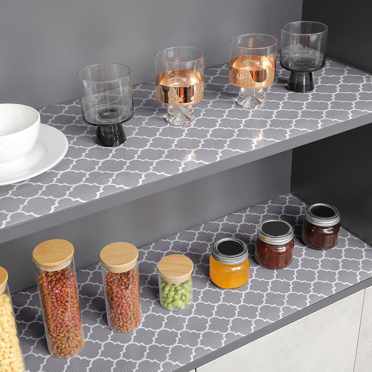 Glotoch Shelf Liners for Kitchen Cabinets 17.5x360 Inch Non Adhesive Drawer Liners for Kitchen,Non Slip Shelf Liner Waterproof Contact Paper for Cabinets and Drawers, Pantry, EVA Wire Shelf Liner,Gray
