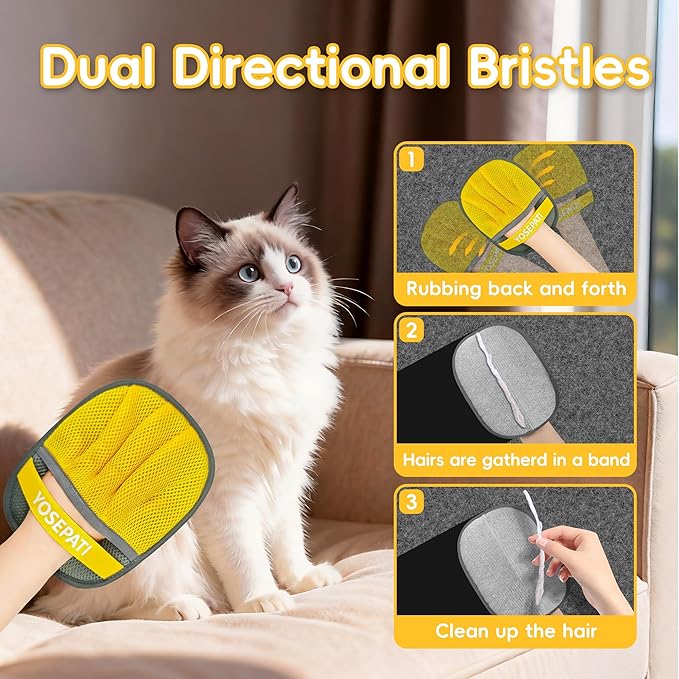 Thickened Ectrostatic Pet Hair Removal Glove for Cat & Dog, Upgraded Five-Finger Reusable Magic Brush Pet Hair Remover Tool for Couch, Clothing, Carpet & Car Seat (2Pcs-Grey & Yellow)
