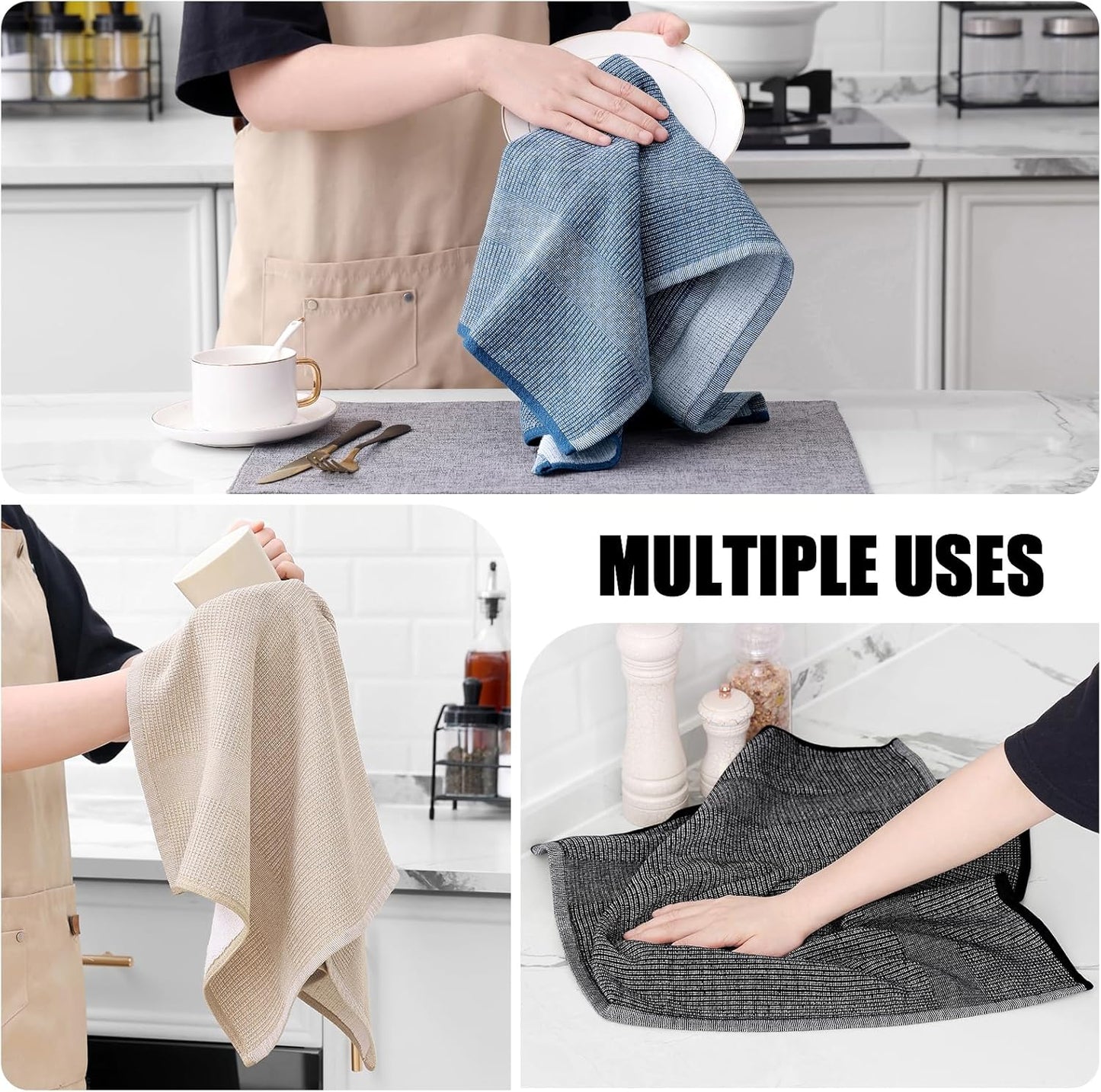 Homaxy Premium Kitchen Towels(18”x 28”, 6 Pack), Large Cotton Kitchen Hand Towels, Flat and Terry Dish Towels, 380 GSM Highly Absorbent Tea Towel Set with Hanging Loop, Navy Blue/Khaki/Black