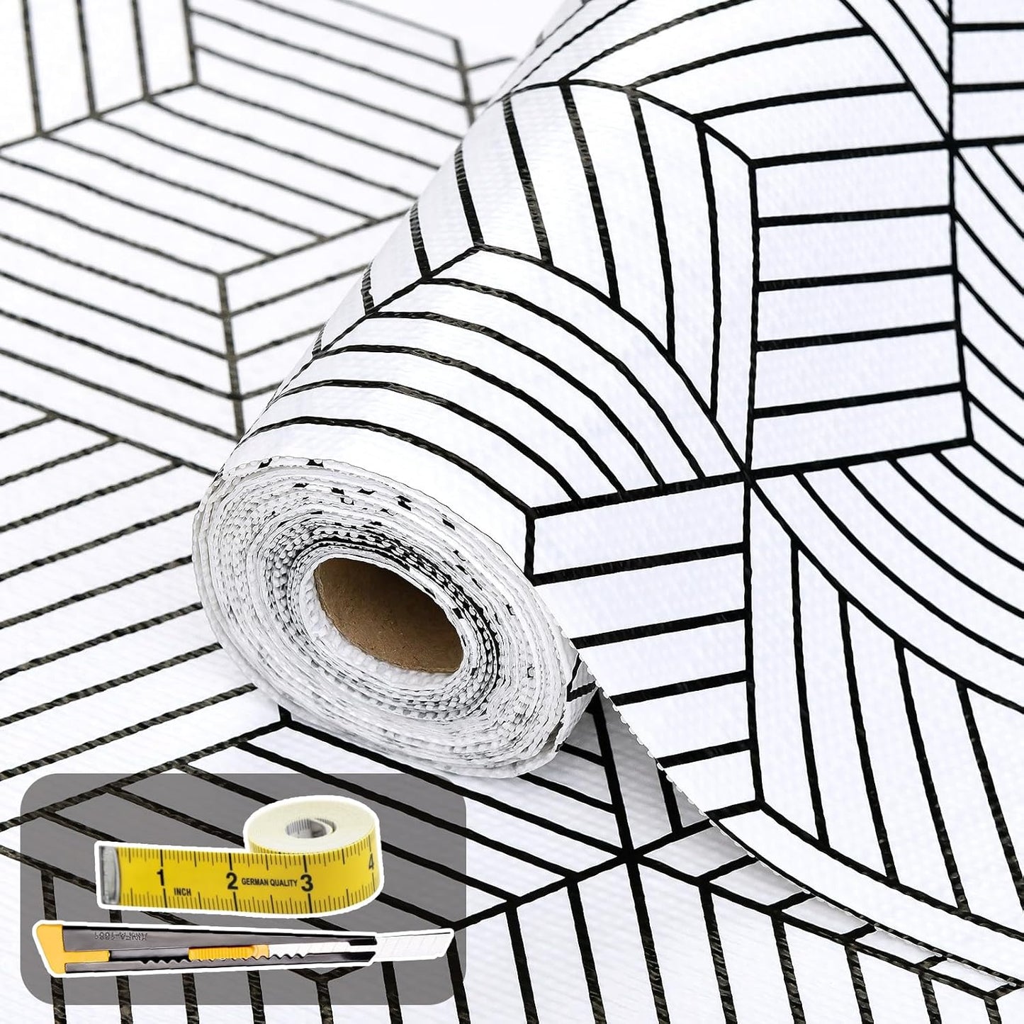 Shelf Liners for Kitchen Cabinets Non Adhesive Shelf Liner Paper Non-Slip Thickened Drawer Liner Easy to Clean for Tool Box Refrigerator with Knife and Tape Measure, Black Geometric, 11.8 x 118 in