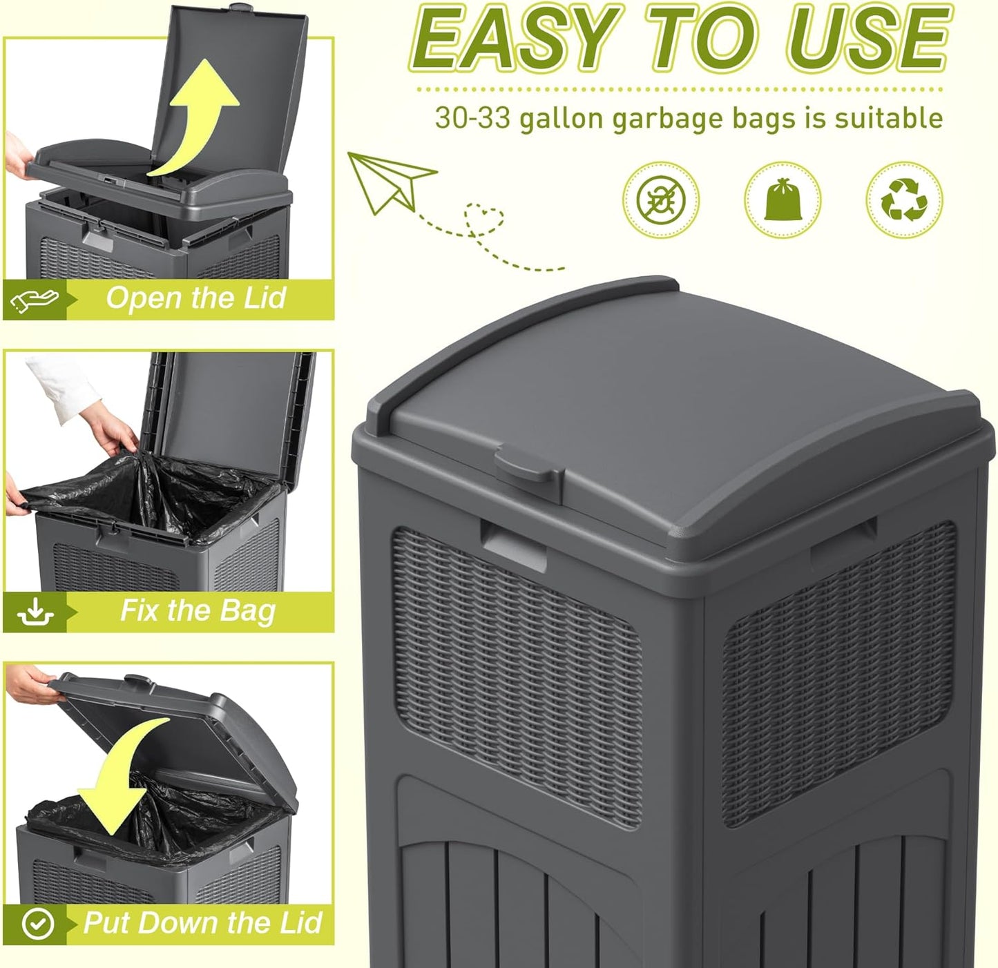 Greesum 33 Gallon Outdoor Trash Can with Lid, Waterproof Resin Garbage Bin for Hideaway, Deck, Patio, 3 Pack, Gray