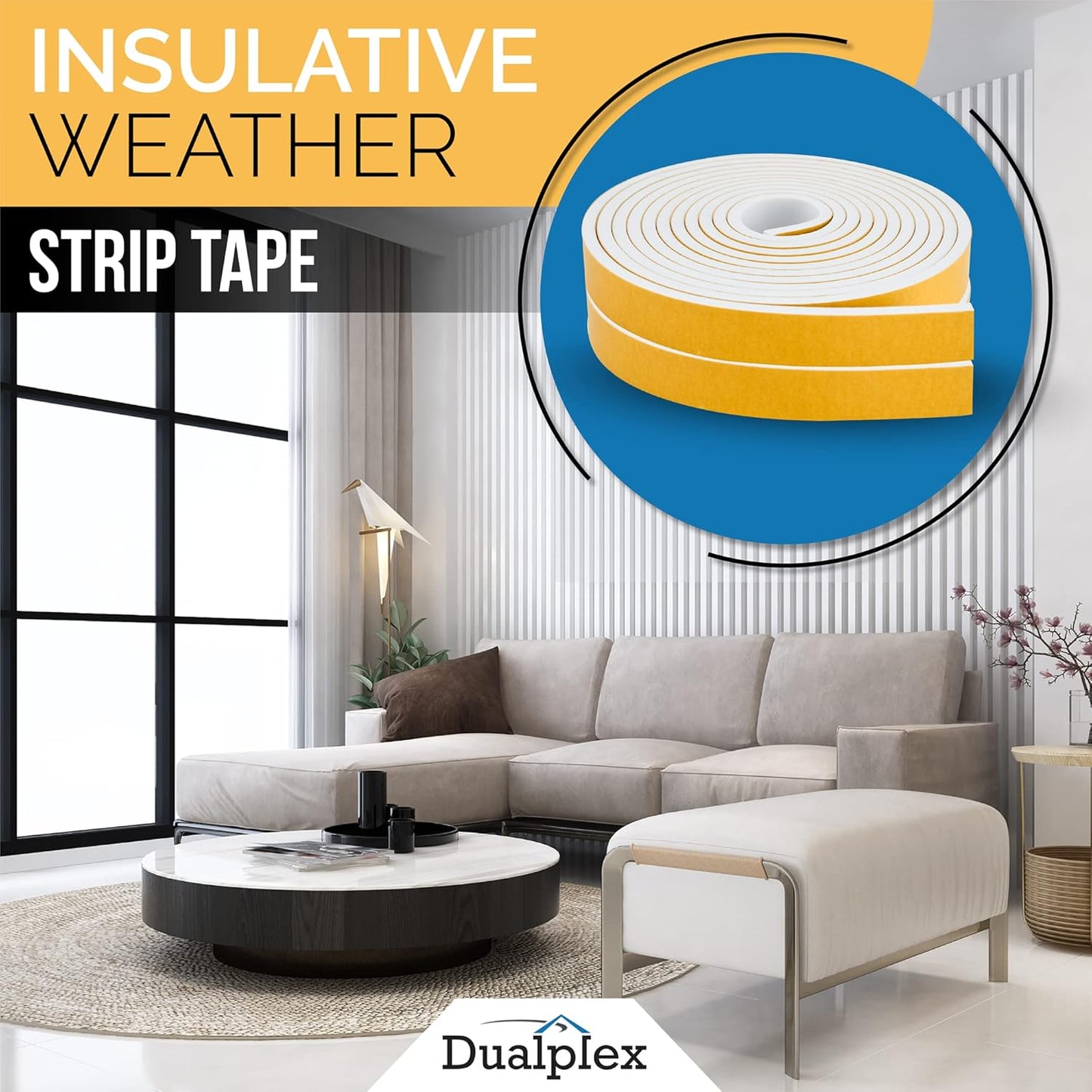 High Density Foam Weather Stripping Door Seal Strip Insulation Tape Roll for Insulating Door Frame, Window, Air Conditioner | Self Adhesive Sealing Weatherstrip (White, 1/4 in 1/8 in 50 Ft)