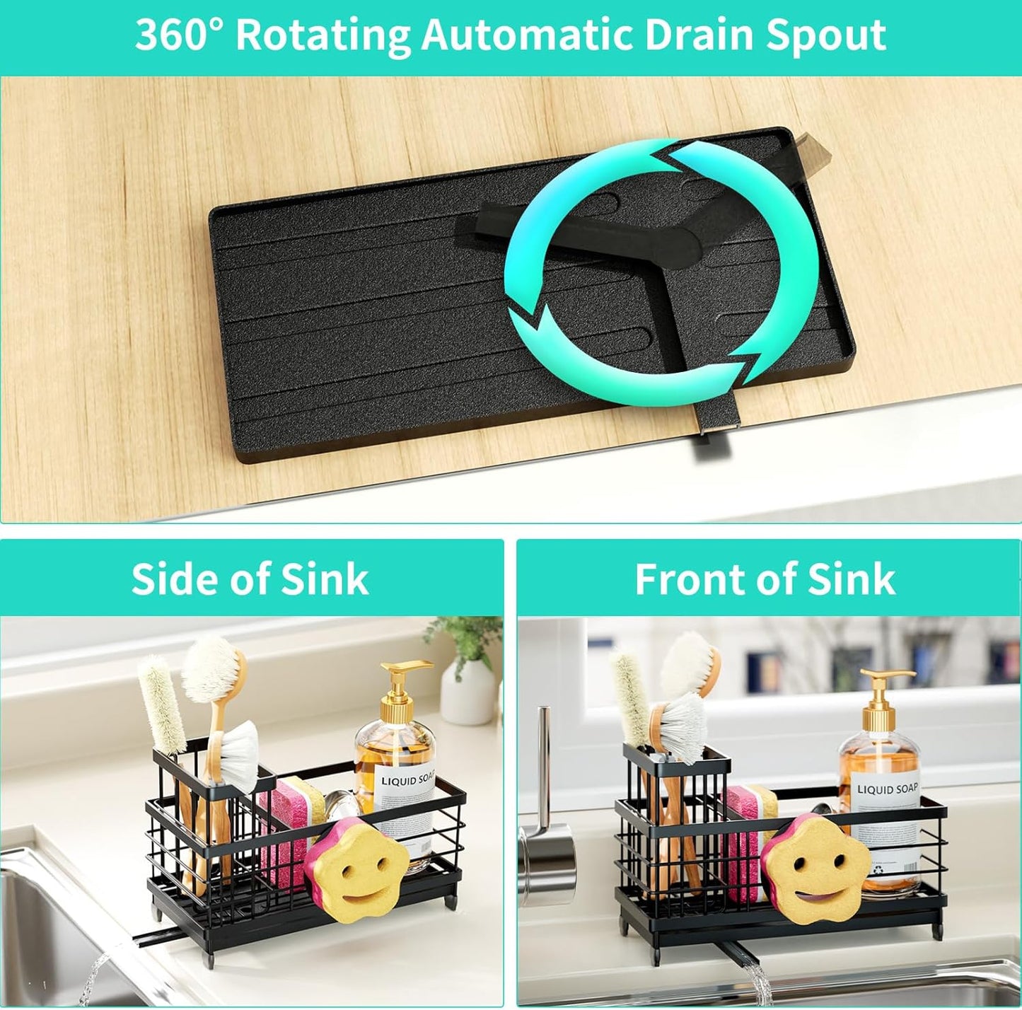 HapiRm Sponge Holder for Kitchen Sink - Self-draining Sink Caddy with Smiley Face and Brush Holder, Stainless Steel Kitchen Organizer for Countertop - Black