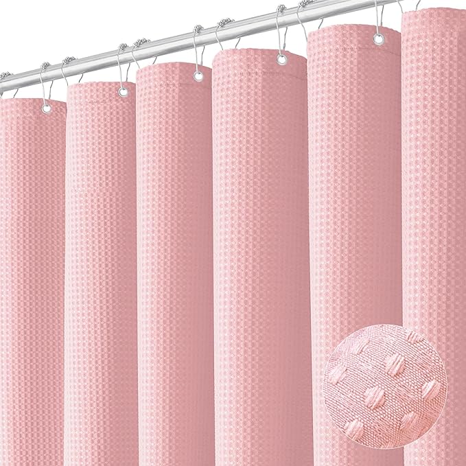 Dynamene Stall Fabric Shower Curtain - 36x72 Waffle Weave Weighted Cloth Shower Curtains for Bathroom, Neutral Heavy Duty Hotel Spa Luxury Bath Curtain Set with 6 Plastic Hooks, Pink