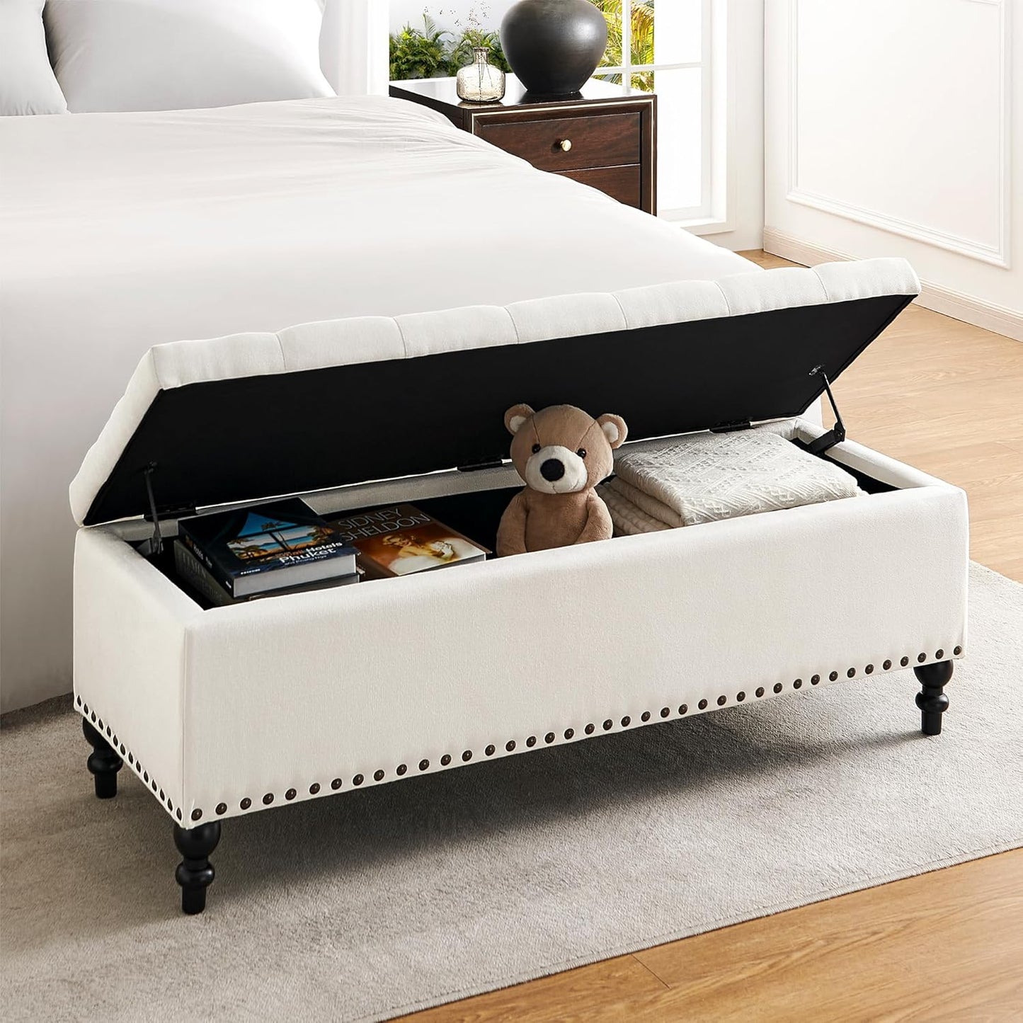 Storage Ottoman 50.2 Inches Upholstered Fabric Storage Ottoman Bench，Button Tufted Ottoman with Storage for Living Room，Bedroom End of Bed Bench Withstands 304lbs
