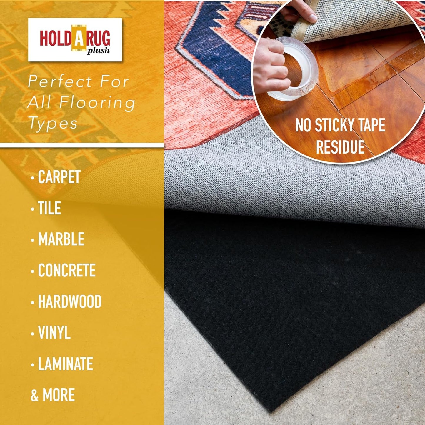 Hold-a-Rug Plush 9' x 12' Nonskid, Nonslip Rug Pad, Reversible Gripper, ¼ Thick, Safe for All Floors and Carpet, Keep Area Rugs Secure
