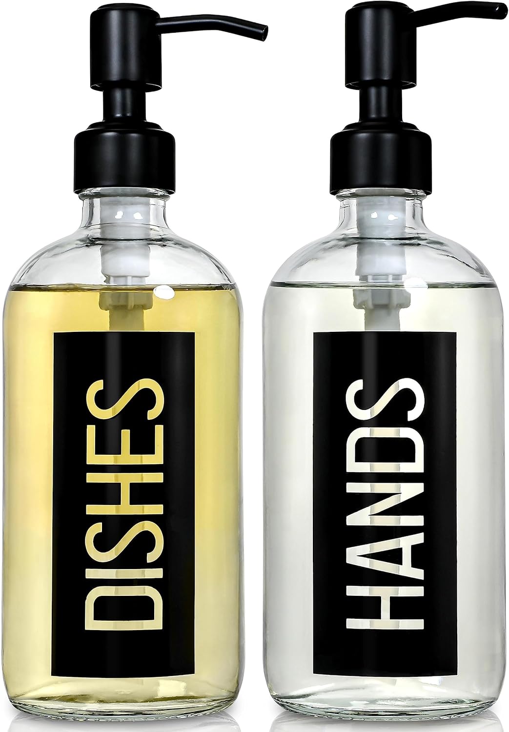 JASAI 2Pack 18OZ Glass Soap Dispenser, Black Stainless Steel Pump, Kitchen Dispenser with Classy Label, Refillable for Dishes