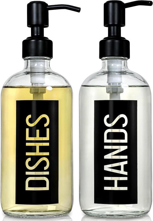 JASAI 2Pack 18OZ Glass Soap Dispenser, Black Stainless Steel Pump, Kitchen Dispenser with Classy Label, Refillable for Dishes