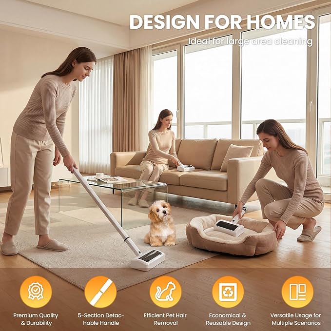 Dog Hair Remover for Carpet, Reusable Pet Hair Remover, 44 Inch Adjustable Handle, Electric Dog Cat Hair Removal Tool for Couch, Carpet