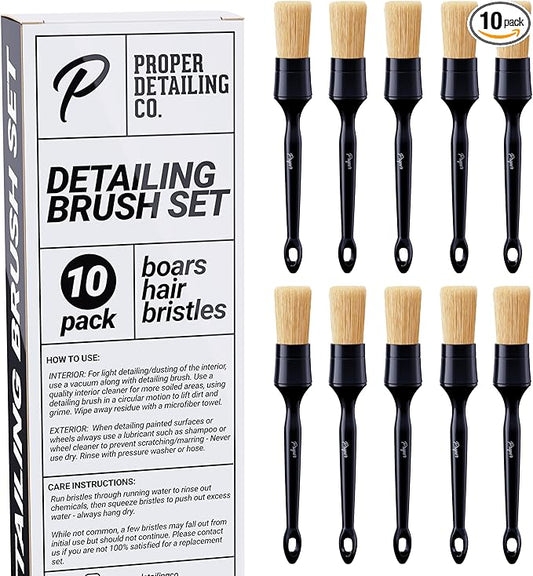 Car Detailing Brush Set, Premium Quality Soft Boars Hair Bristles, Clean Auto Interior (Leather Seats, Air Vents) or Exterior (Wheels, Paint, Emblems) Detail Brushes Car Detailing Shop Pack (10 Pack)