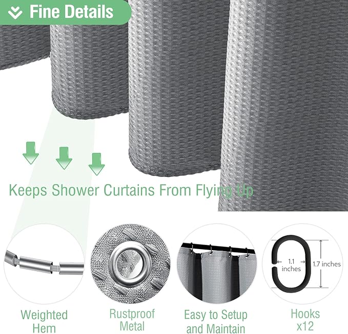 Dynamene Grey Fabric Shower Curtain for Bathroom - Waffle Weave Textured Heavy Duty , 256GSM Hotel Luxury Weighted Cloth Bath Curtain Set with 12 Plastic Hooks,72x72, Grey/Gray