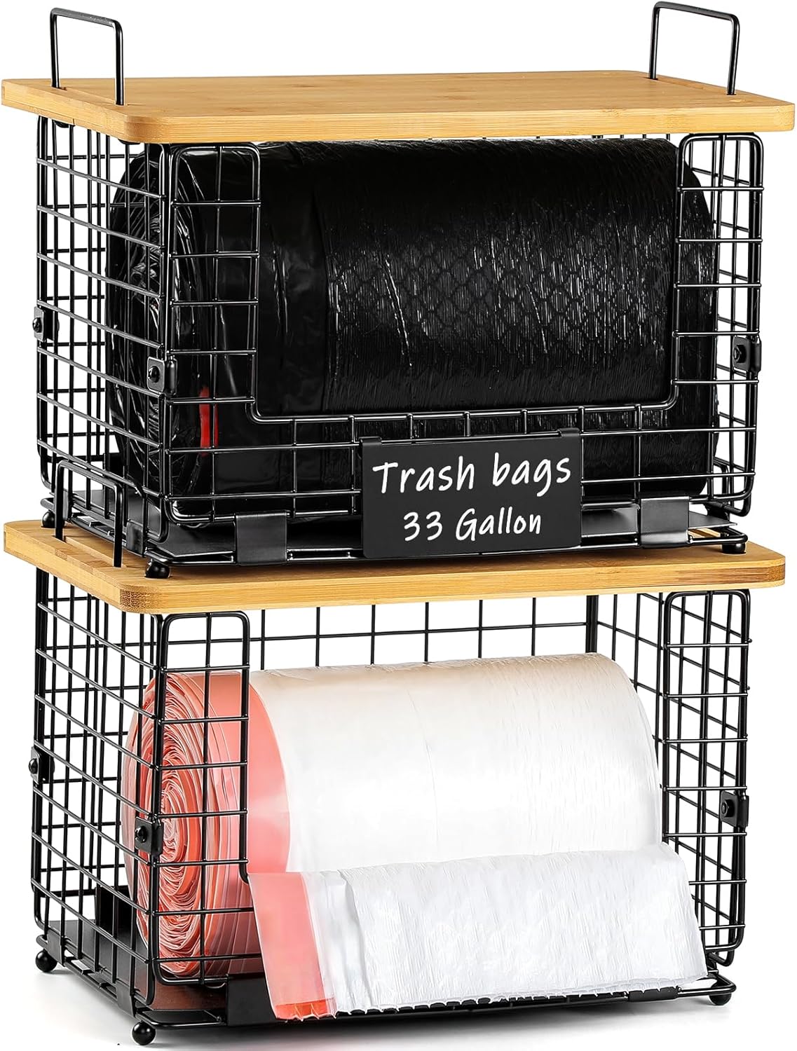 1 Pack Stackable Storage Trash Bag Baskets with Bamboo Top, Large & Standard Trash, Garbage Bag Holder Dispenser, Multiuse Basket for Kitchen Pantry Cabinet Counter Under Sink Laundry Organizing