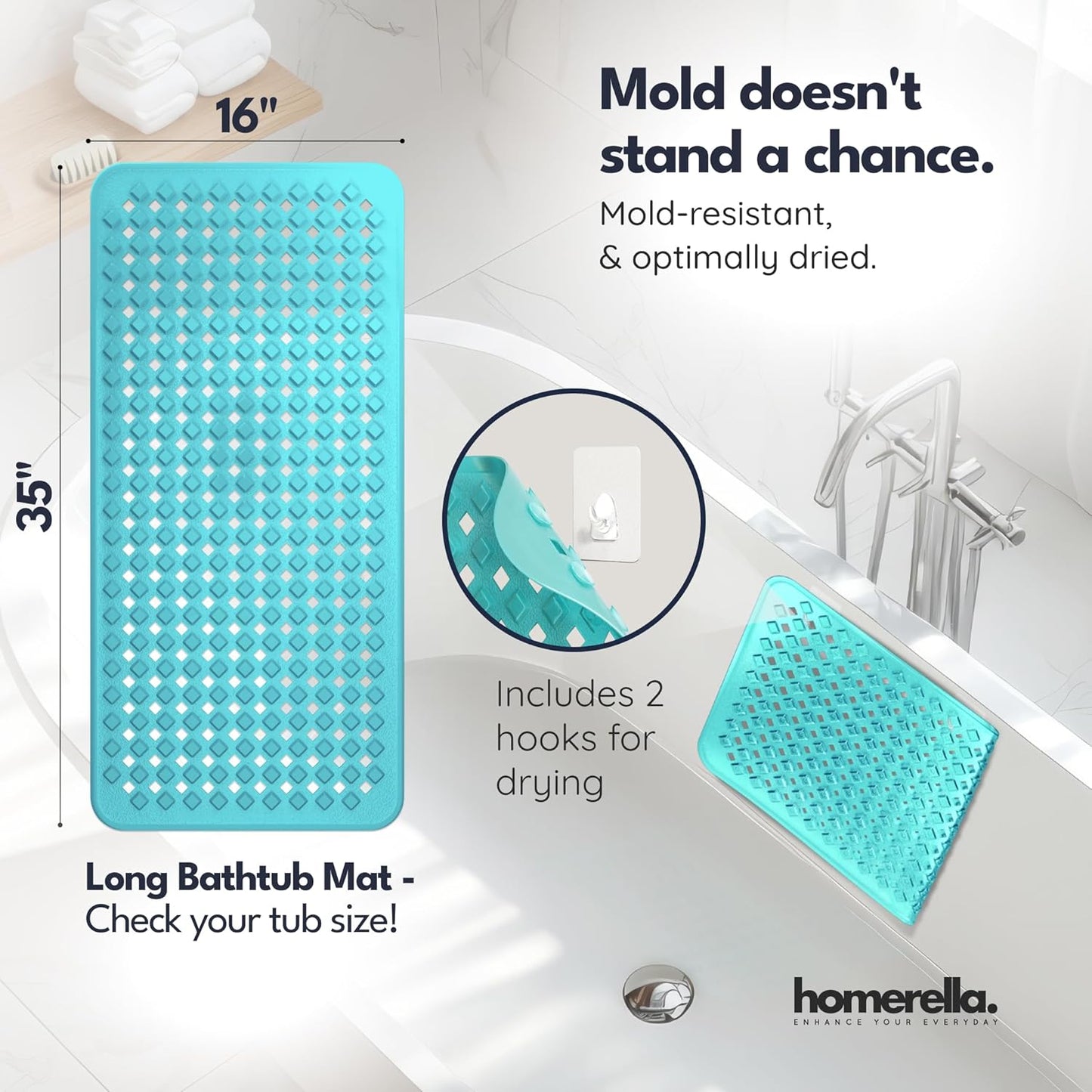 homerella® Bathtub Mat Non Slip 35x16, Incl. Hooks for Drying, Extra Long, 100% BPA Free, Shower Mat Non Slip Anti Mold, Machine Washable, Shower Mats for Inside Shower Mildew Resistant