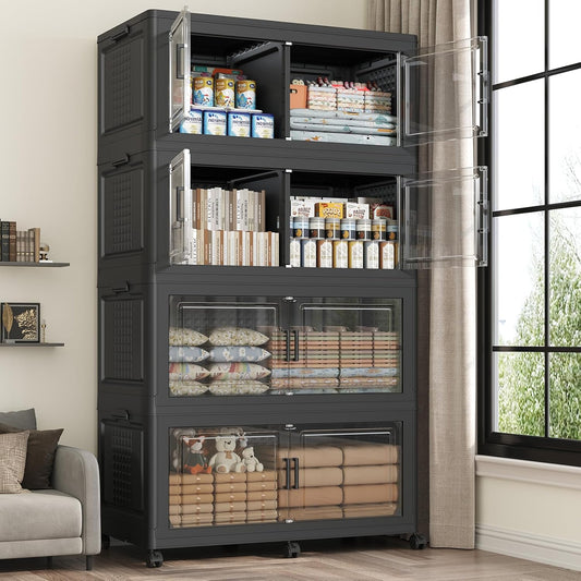 160GAL Storage Bins with Lid and Wheels, Stackable Closet Organizers and Storage Drawer, Collapsible Storage Box with Dividers, Foldable Plastic Cabinets Cubes Totes for Garage, 4 Pack Black