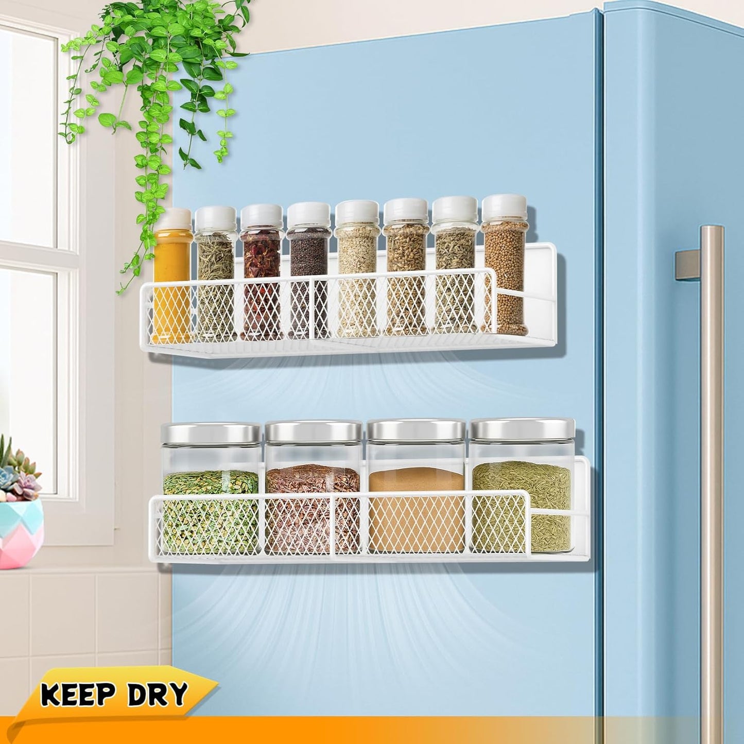 2 Pack Magnetic Spice Rack for Refrigerator, White Magnetic Shelf with 4 Removable Hooks, Rustproof Magnetic Shelf for Fridge, Oven, Condiments, Oils, Seasoning Spice Organizer