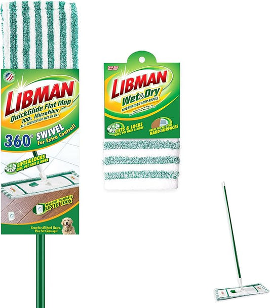 Libman Wet & Dry Microfiber Mop Kit Plus 1 Refill | Dust Mop for Hardwood Floors and Walls | 2 Total Microfiber Mop Pads Included | 1 Handle & Base