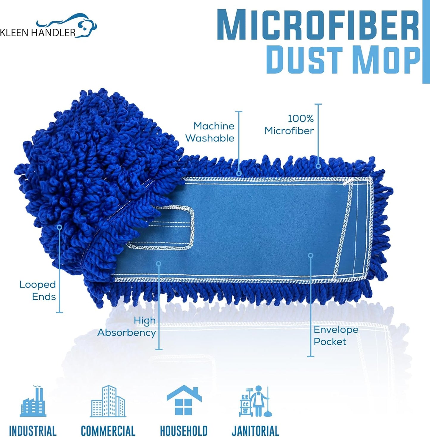 KLEEN HANDLER 48 Inch Microfiber Dust Mop, X-Large Washable Commercial, Sweeper, Janitorial Head Replacement, Push Mop Broom, Blue