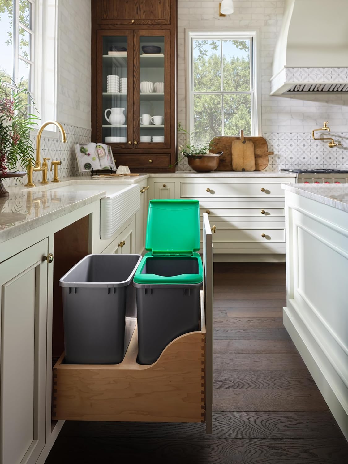 Rev-A-Shelf Pullout Trash Cans for Kitchen Cabinet, Dual 35 Qt Bins with 15" Wood Frame - Large Garbage Bin Containers for Home Waste Storage and Recycling