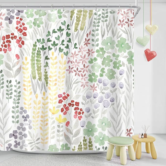 Cute Floral Shower Curtain 60x72, Sage Green Boho Flower Fabric Shower Curtain, Funky Watercolor Wildflower Shower Curtain Set, Cottagecore Bohemian Bathroom Decor